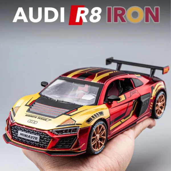 Red and gold Audi R8 toy car.