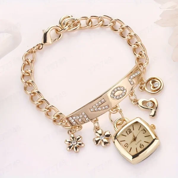 Gold watch bracelet with love charm.