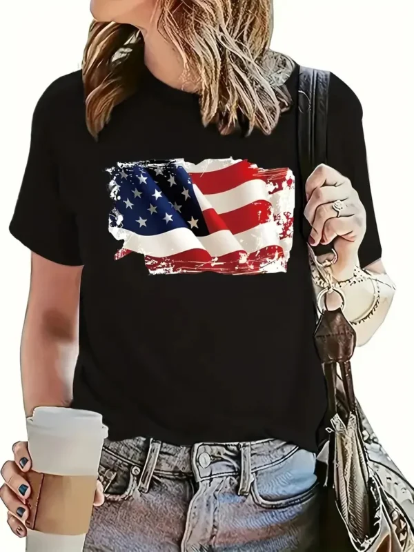 American Flag Print Casual Short Sleeve Print Funny Designer Shirt Vintage Summer Graphic T-Shirt for Women