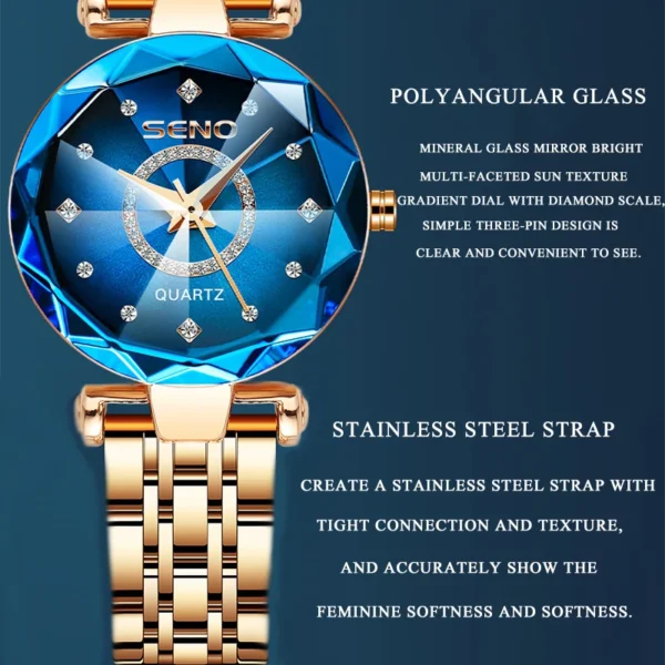 Gold women's watch with blue face.