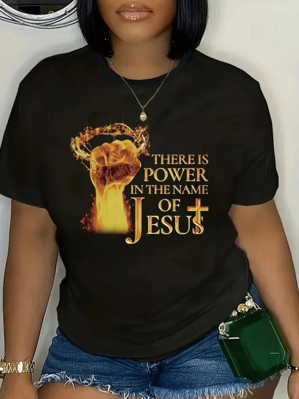 There Is Power in The Name of Jesus Crew Neck Casual Short Sleeve Shirt Vintage Summer Graphic T-shirt for Women