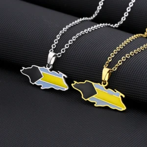 Two Bahamas map necklaces on black background.