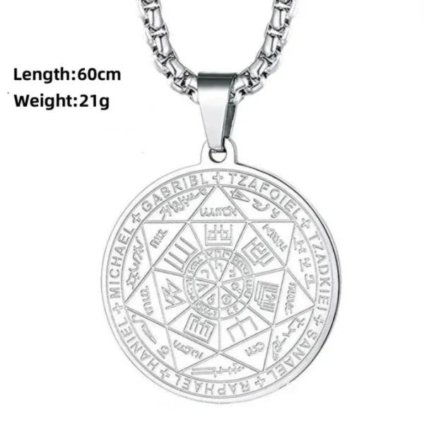 Silver necklace with angel seal pendant.