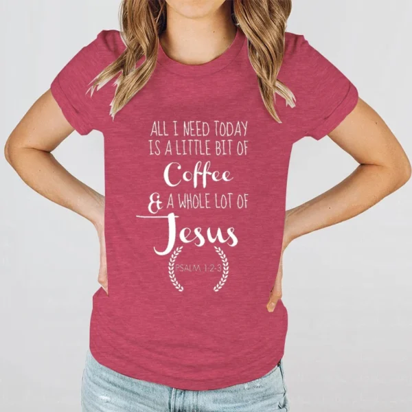 T-shirts for Women Coffee&Jesus Letters Graphic Christian Religious Belief Women Tshirt Retro Classic Short Sleeve Loose T Shirt - Image 3