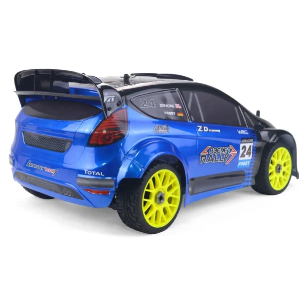 Blue rally car with yellow wheels.