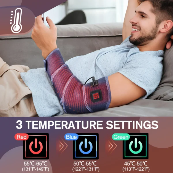 Man using a heated elbow wrap on couch.