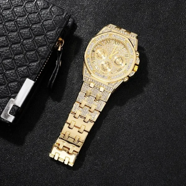 Gold watch with diamond accents.