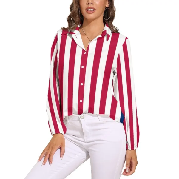 American Flag Print Blouse Women Red Stripes Street Wear Loose Blouses Long-Sleeve Vintage Shirt Graphic Top Big Size