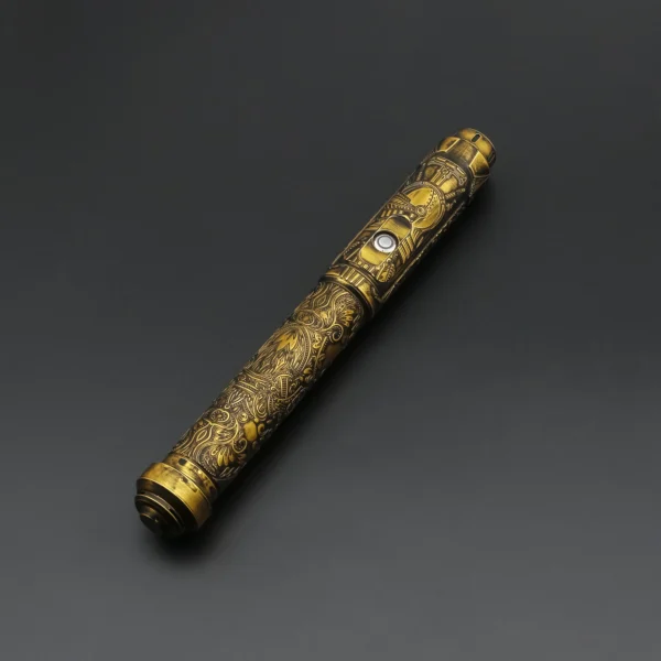 Ornate gold pen on black background.