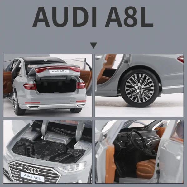 Grey Audi A8L model car with open trunk