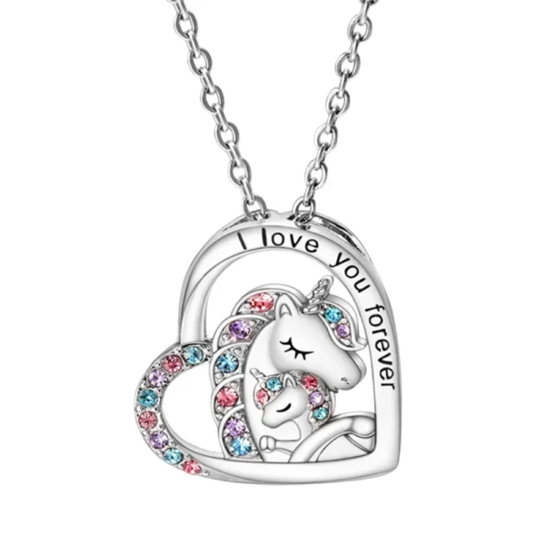 Silver unicorn heart necklace with crystals.