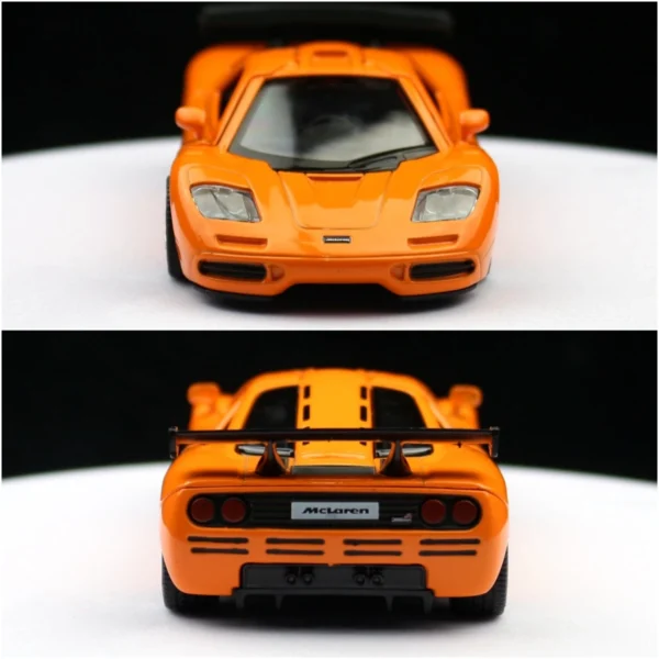 Orange McLaren F1 toy car front and back.