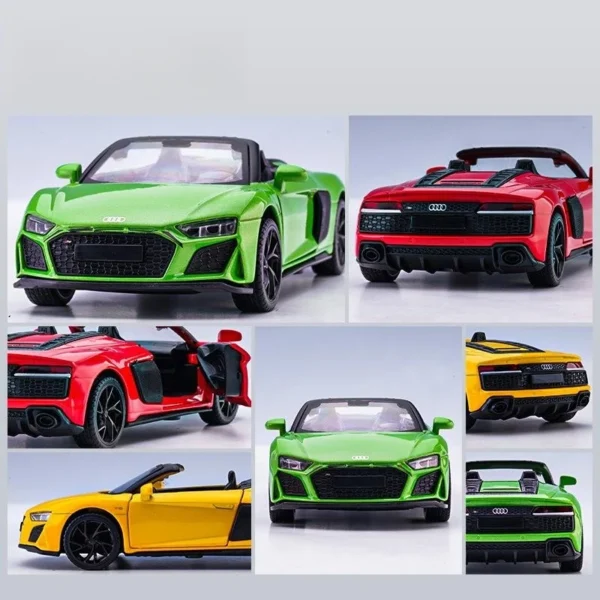 Green, yellow, and red Audi R8 toy cars.