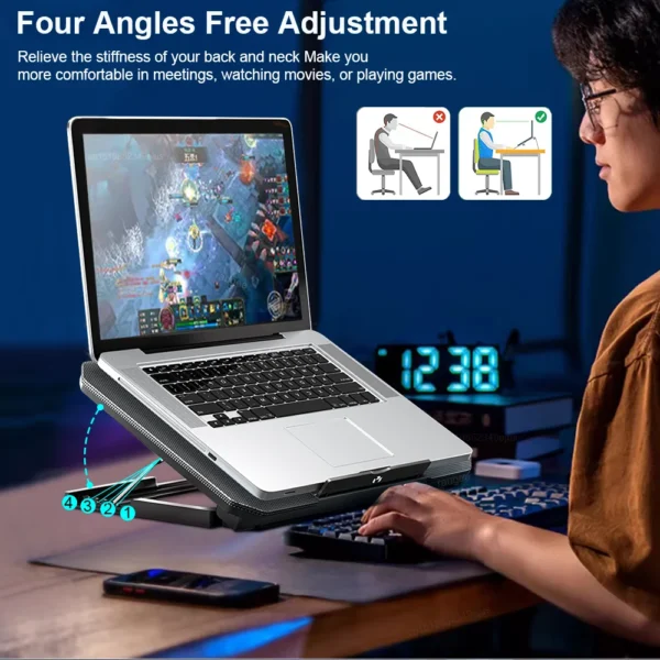 Adjustable laptop stand with cooling fan.