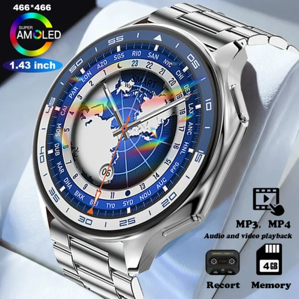 Silver smartwatch with blue face and world map.