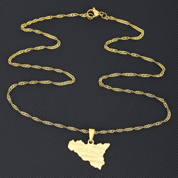 Gold necklace with Sicily map pendant.