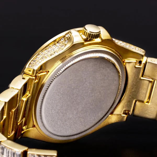 Gold watch with diamond bezel, back view.