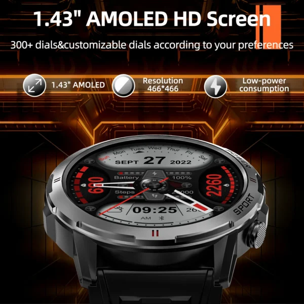 Smartwatch with AMOLED HD screen and customizable dials.