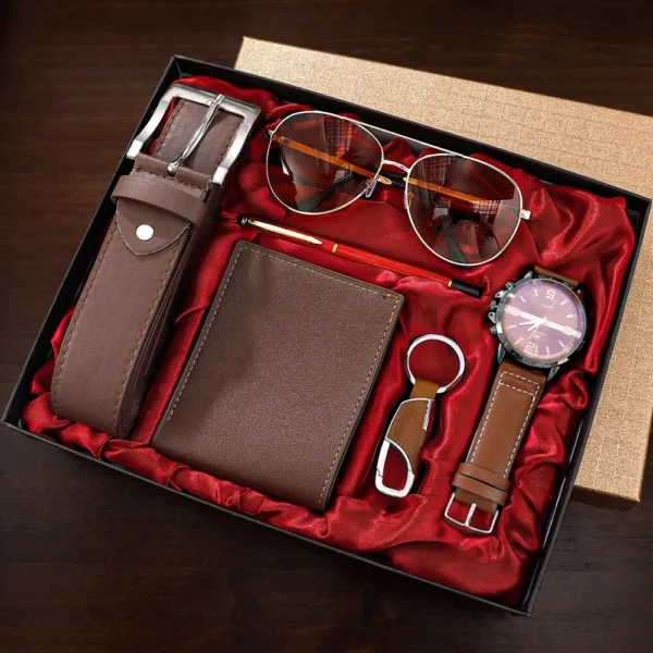 Men's leather gift set with watch and sunglasses.