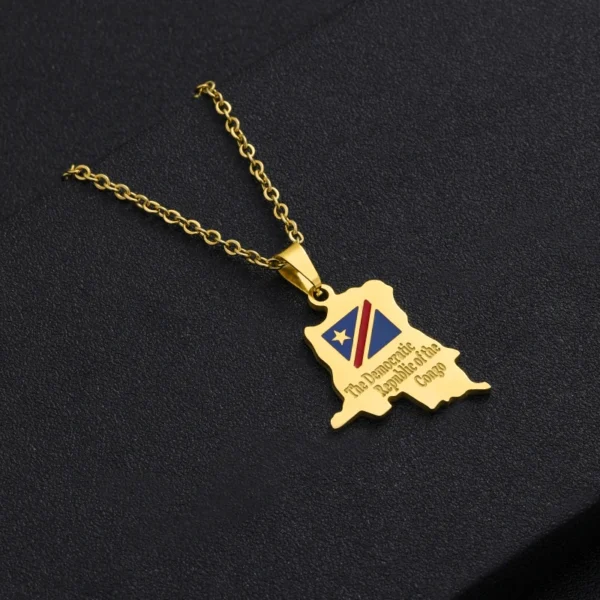 Gold necklace with Democratic Republic of Congo map pendant.