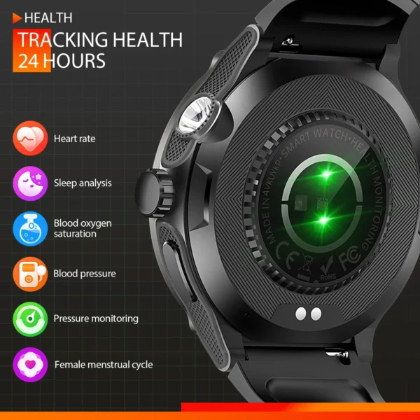 Black smartwatch with health tracking features.