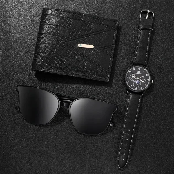 Black wallet, watch, and sunglasses.