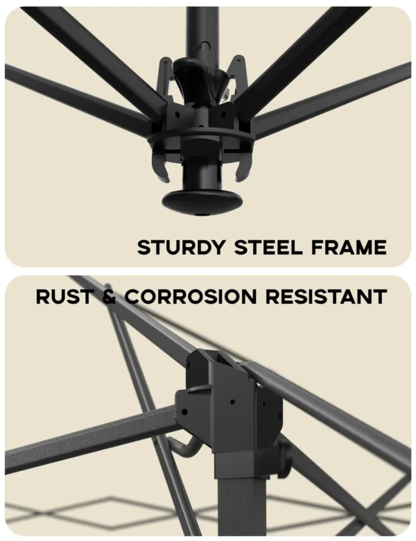 Close-up of steel umbrella frame.