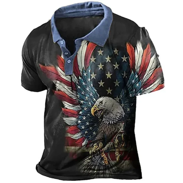 2024 New men's hot selling casual lapel top 3D animal print short sleeved high-quality golf shirt eagle style