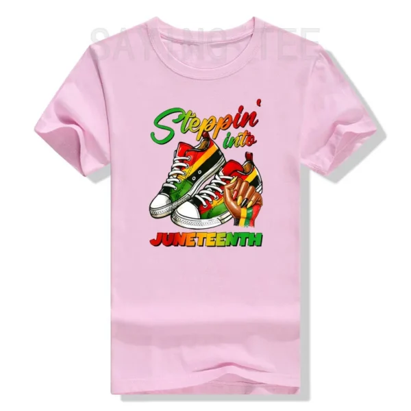 Stepping Into Juneteenth Afro Woman Black Girls Sneakers Men T-Shirt Black Pride June 19th 1865 Clothes Humor Funny Graphic Tees - Image 5