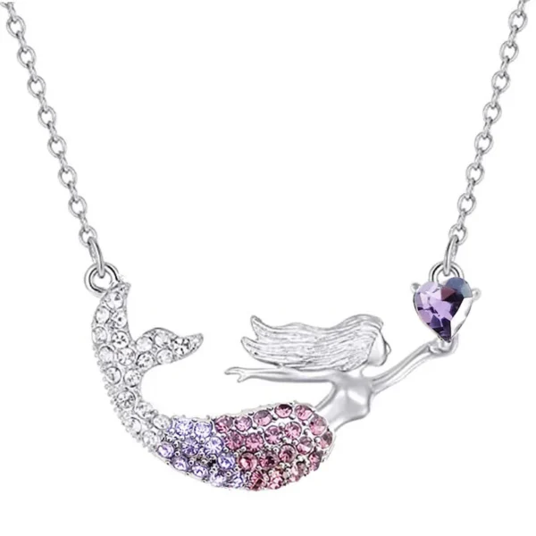 Silver mermaid necklace with purple heart