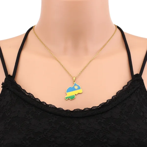 Gold chain necklace with Rwanda flag pendant.