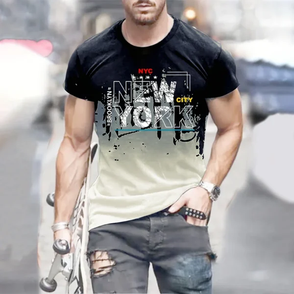 Men's New York Letter 3D Digital Printed T-shirt, Comfortable and Informal Downgraded Short Sleeved T-shirt, Summer Oversized Ca - Image 4