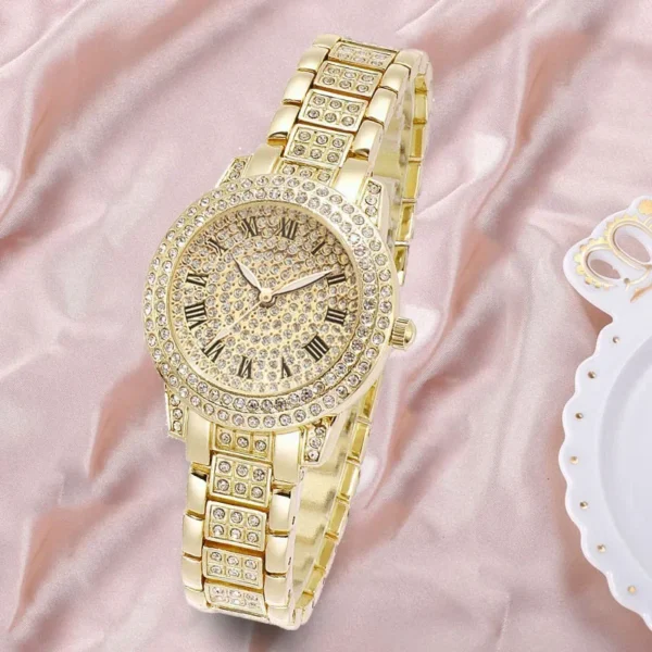 Gold watch with diamond-encrusted band.