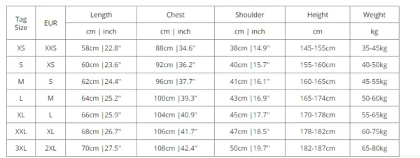 Size chart with clothing measurements.