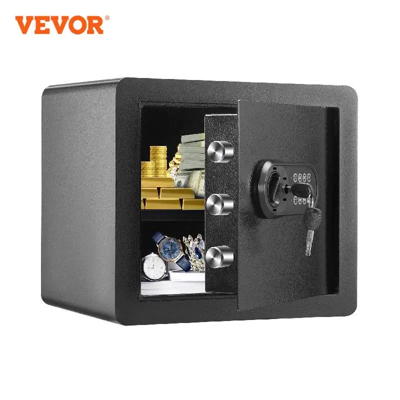 Black safe with digital lock and key.