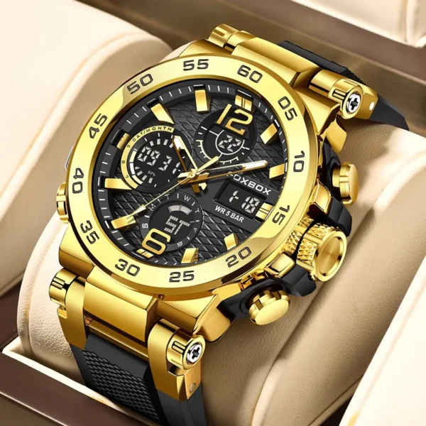 Gold chronograph watch with black face