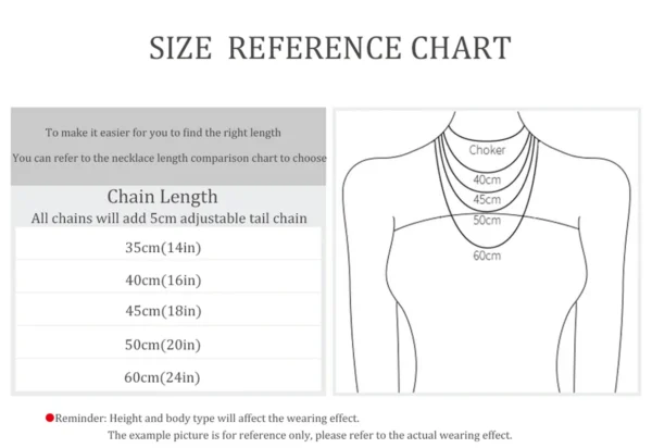 Necklace size reference chart with woman silhouette.