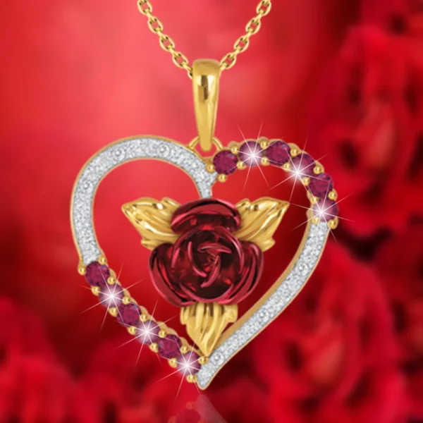 Gold heart necklace with red rose