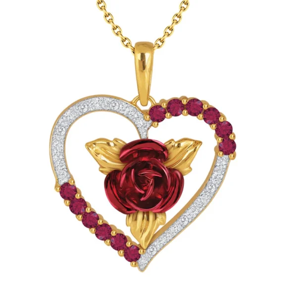 Gold heart pendant with rose and red stones.