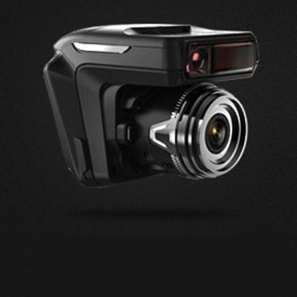 Black dashcam with a wide lens.