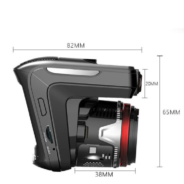 Black dash camera with dimensions.