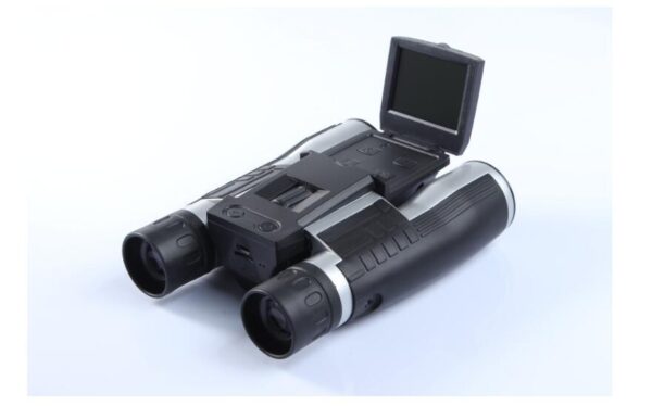 Black and silver binoculars with screen.