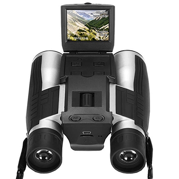 Black and silver digital binoculars with screen.