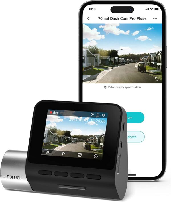 70mai Dash Cam Pro Plus with phone screen.