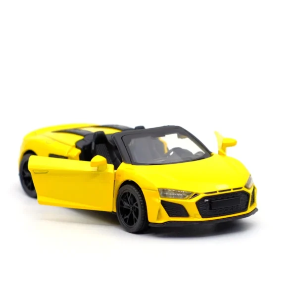 Yellow toy car with open door.