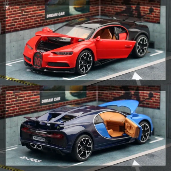 Red and blue toy Bugatti Chiron cars.